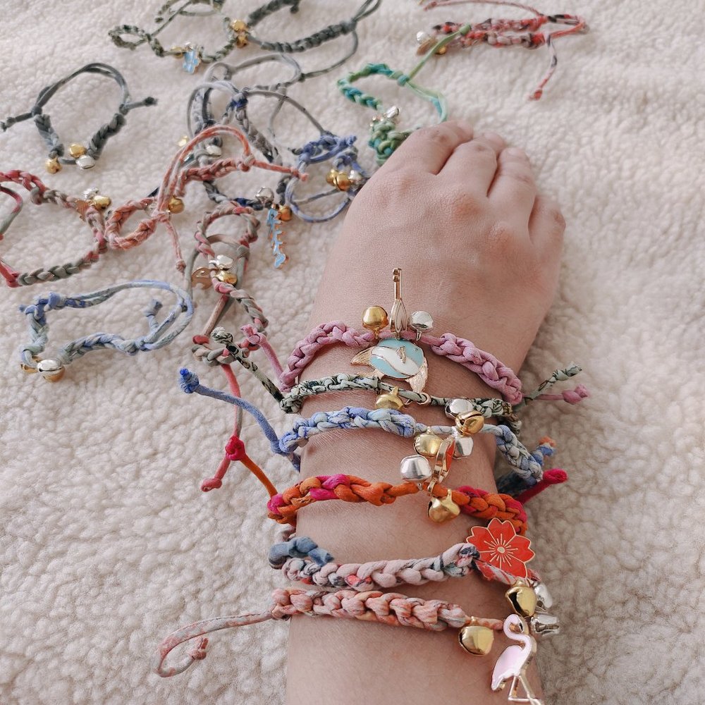 Vintage Recycled Sari Bracelet Adjustable  Bands With Bells Charms- Set of 6